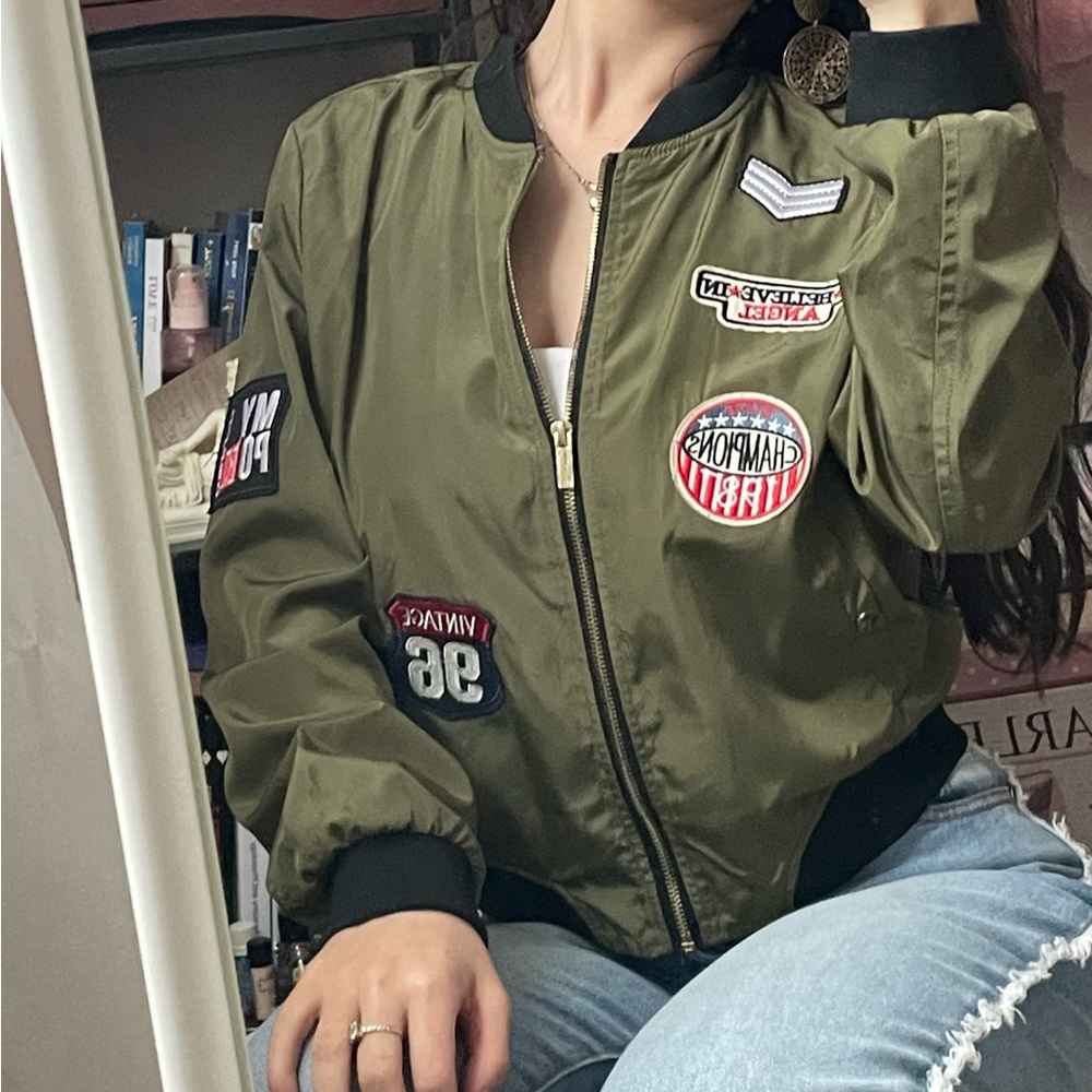 Hot Olive Green Bomber Jacket with Graphics and Text